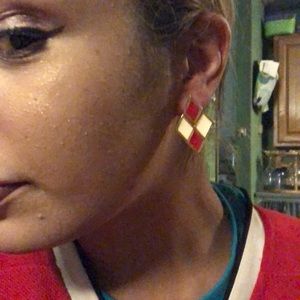 Vintage Red and White Square Earrings- Gold Plated